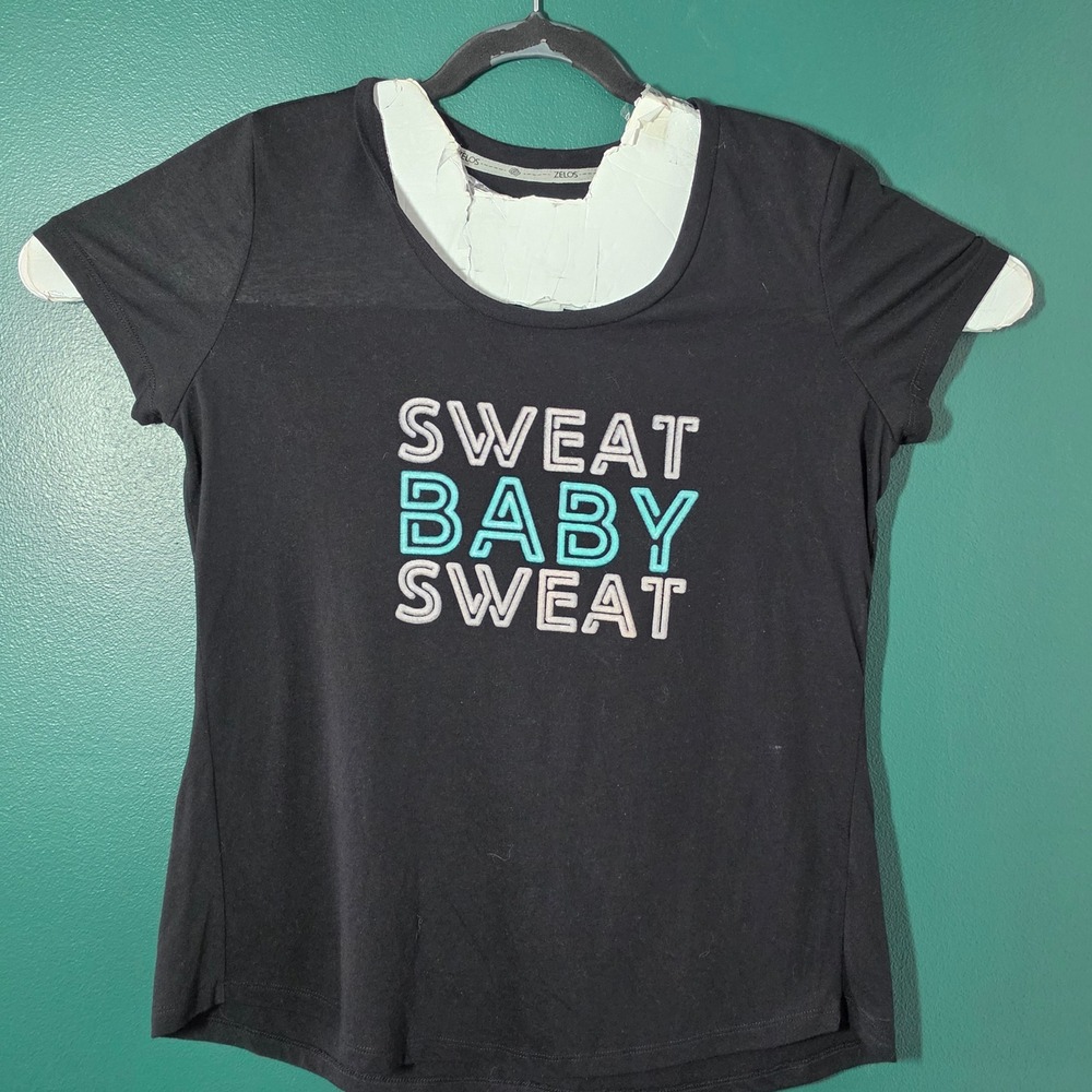 Zelos Womens Black Sweat Baby Sweat Graphic Activewear T-Shirt Size Large